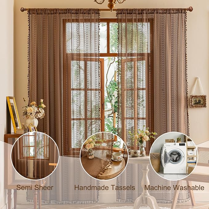 Sutuo Home Dark Coffee Boho Lace Curtains, Sheer Curtains 102 inches Long - Image 5