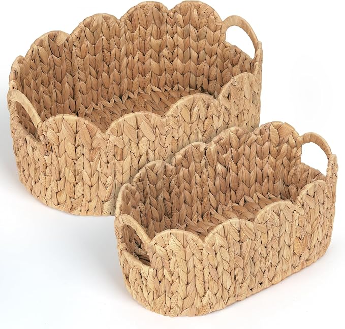 iEGrow Scalloped Wicker Basket, Water Hyacinth Storage Oval Cute Baby Baskets by iEGrow