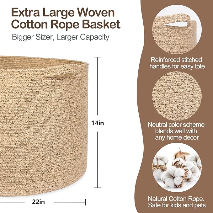Extra Large Storage Basket, 22”x14” Woven Cotton Rope Basket, Big Kids Dog - Image 2