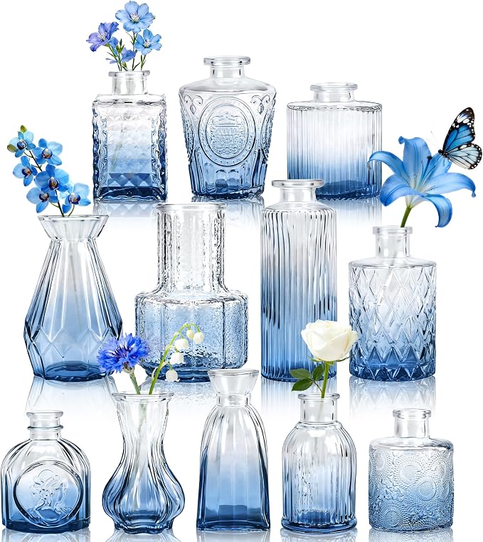 Der Rose 12pcs Glass Bud Vases, intricate textured glass, charming vintage style by DerRose