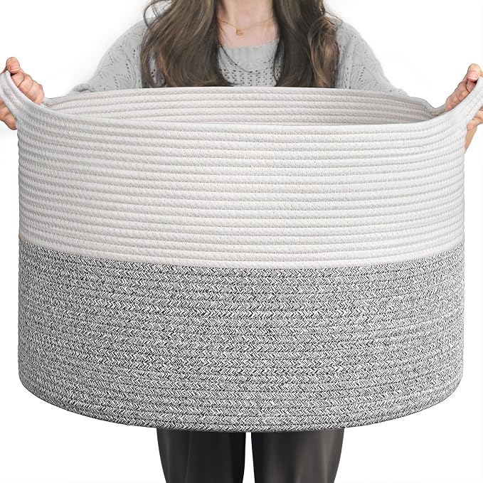 INDRESSME Large Woven Rope Blanket Basket Living Room Light Grey, 65L | 19.7" x by INDRESSME