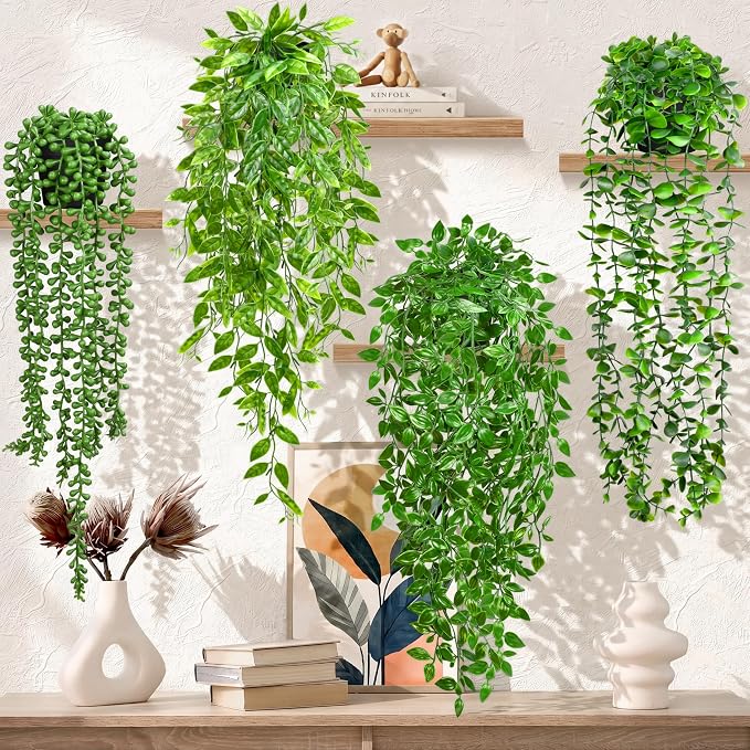 Palonu 4 Pack Faux Artificial Hanging Plants, UV Resistant Fake Potted Greenery by Palonu