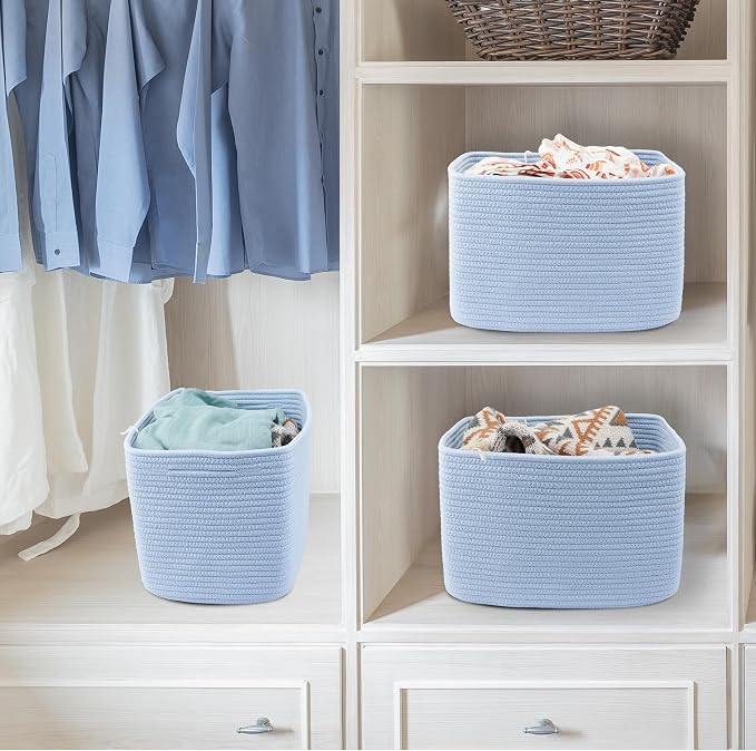 XUANGUO Woven Cotton Rope Storage Baskets 15x10x9.3" 3 Pack Light Blue | - Image 5