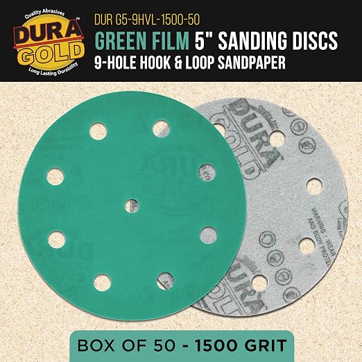 Dura-Gold Premium 1500 Grit 5" Green Film Sanding Discs, 9-Hole Pattern - Image 2