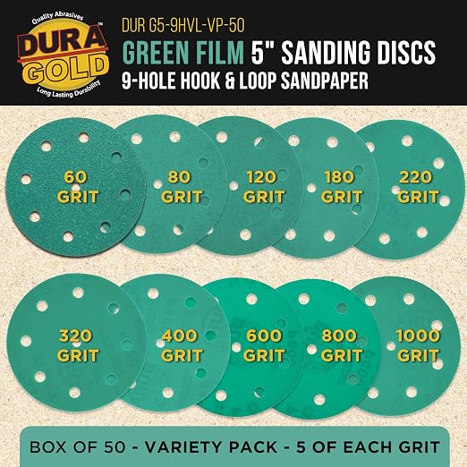 Dura-Gold Premium 5" Green Film Sanding Discs, 9-Hole Pattern, 50 Disc Variety - Image 2