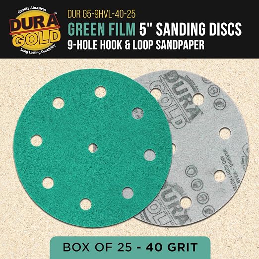 Dura-Gold Premium 40 Grit 5" Green Film Sanding Discs, 9-Hole Pattern, Box of 25 - Image 2