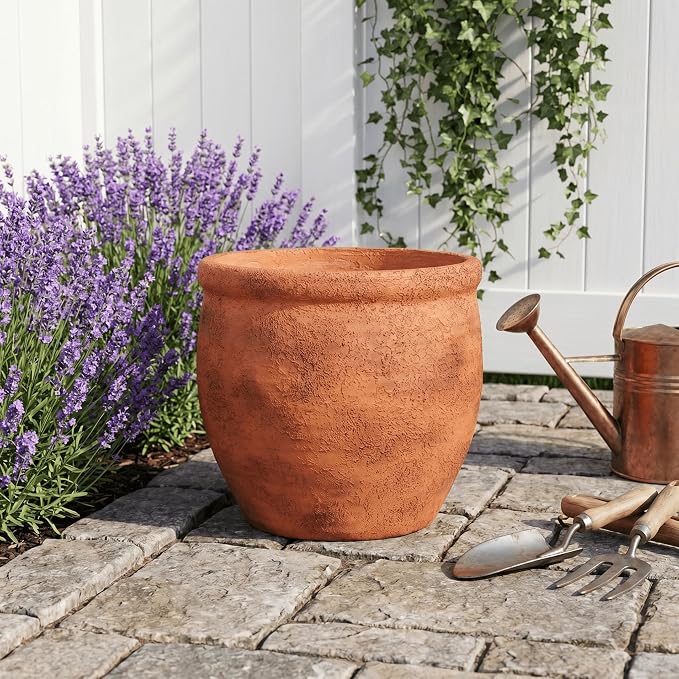 12" Dia Fiberstone Planter – Distressed Terracotta Flower Pot - Image 2