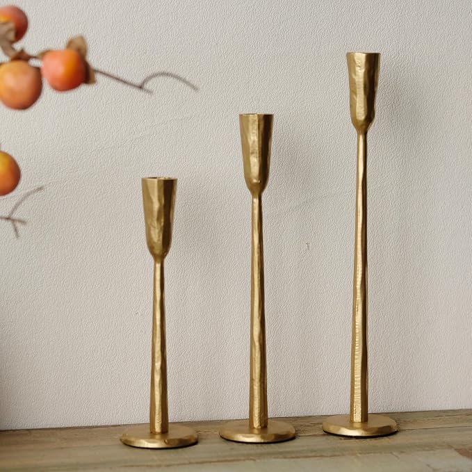 Gold Iron Taper Candle Holder Set of 3, Heavy Wrought Iron Candlestick Holders - Image 7