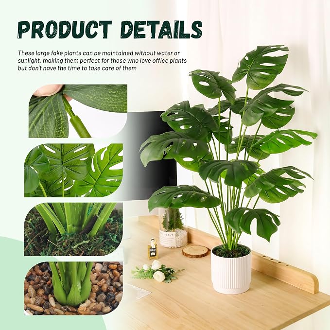Der Rose 28" Fake Plants, Artificial Monstera Plants Indoor in White Pot | Faux - Image 4