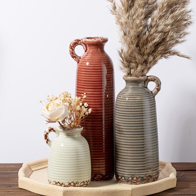 Ceramic Vase Set of 3 with Handles, Versatile as Table Centerpiece or Mantel & by Unknown