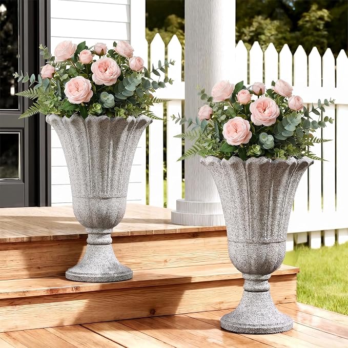 Tall Plastic Urn Planters and Pedestal by Outdoorchairs