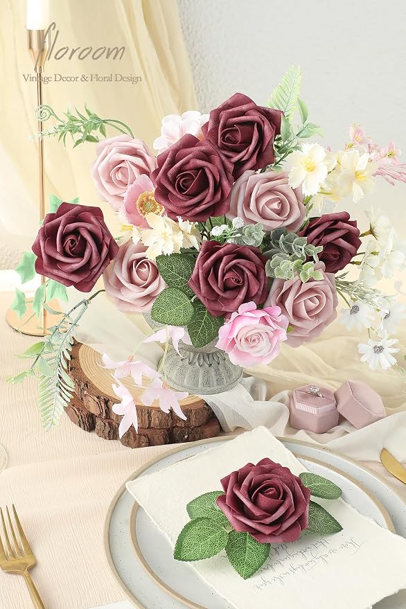 Artificial Flowers 25pcs Real Looking Cinnamon Rose & Shabby Pink Foam Fake - Image 2