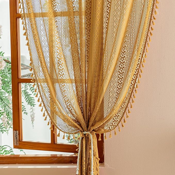 Sutuo Home Gold Lace Boho Curtains 2 Panels - Image 3