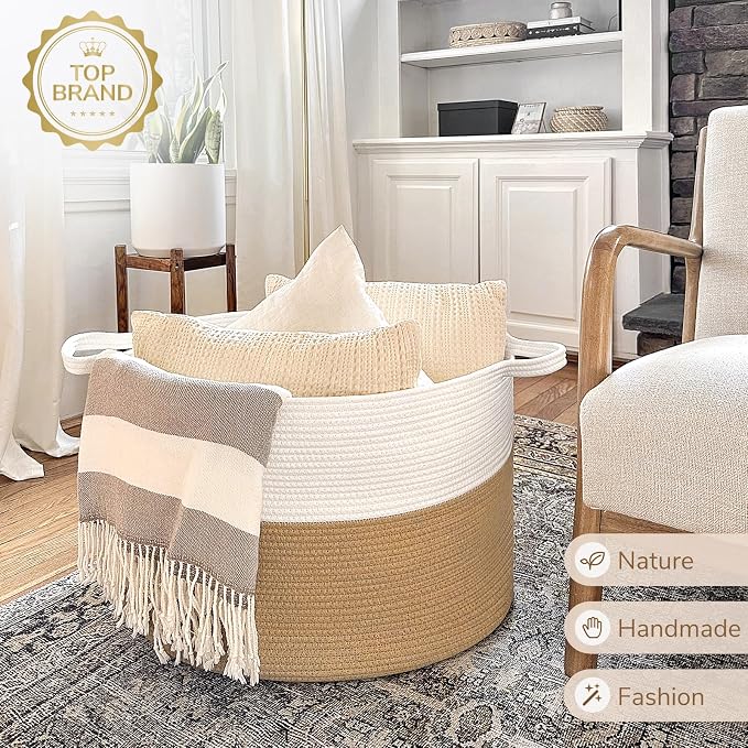 INDRESSME XXXLarge Woven Rope Blanket Basket Living Room, 90L | 21.7" x 13.8" - Image 5