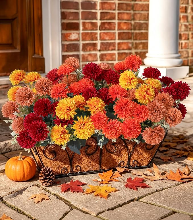 Artificial Mums for Outdoors Fall Flowers Artificial for Decoration, 12 Bundles - Image 2
