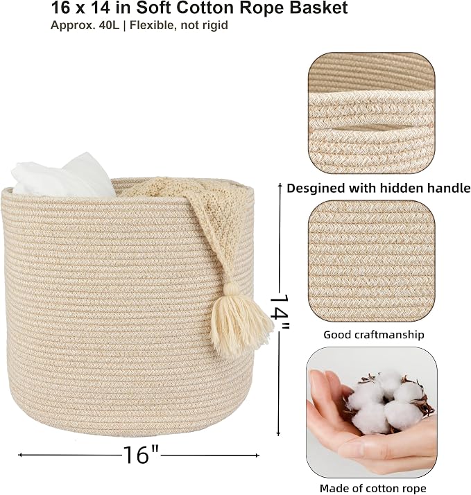 XUANGUO Cotton Rope Basket For Girls Boys Kids 16”X14” | Baby Laundry Baskets - Image 2