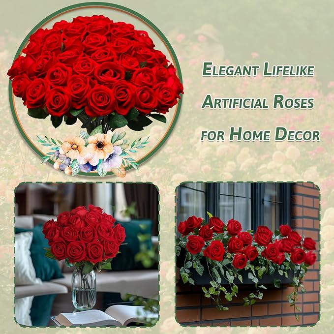 50PCS Fake Red Roses, Artificial Red Flowers Bulk | Realistic Silk Faux Rose - Image 4