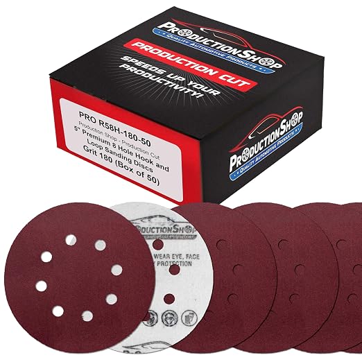 ProductionShop Premium 5" Red 8-Hole Pattern 180 Grit Sanding Discs, Box of 50 by ProductionShop