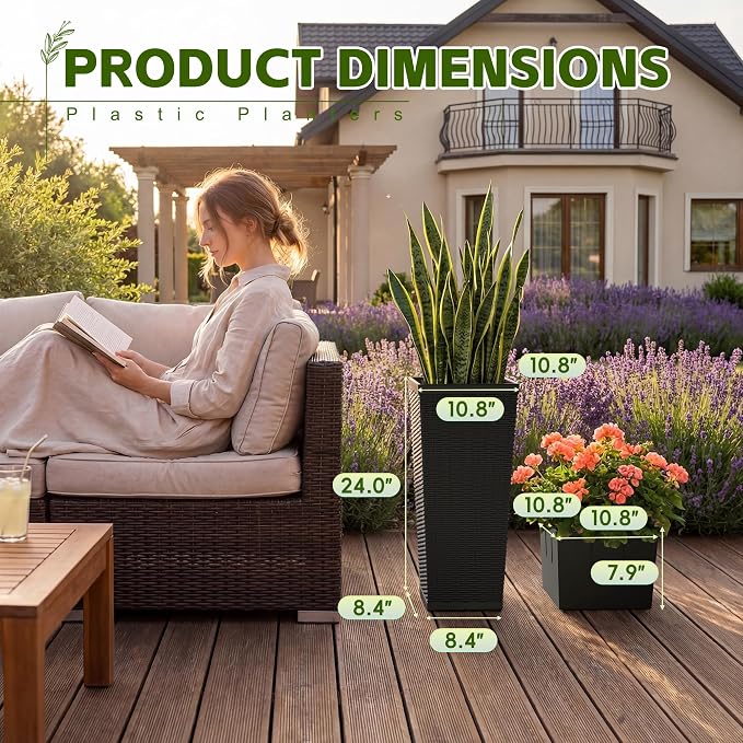 Devoko Resin 24'' Tall Planters Set of 2, Large Taper Outdoor Planter Pots | - Image 3