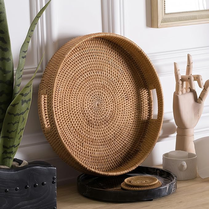 16.9" Round Rattan Tray, Hand Woven Serving Tray - Image 4