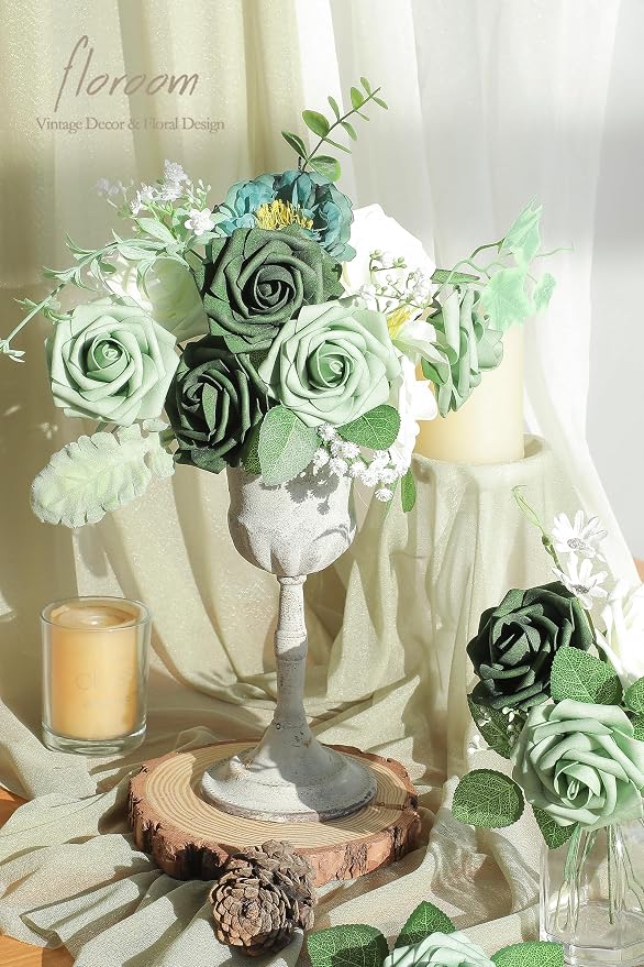 Artificial Flowers 25pcs Real Looking Sage Green & Emerald Green Foam Fake Roses - Image 2