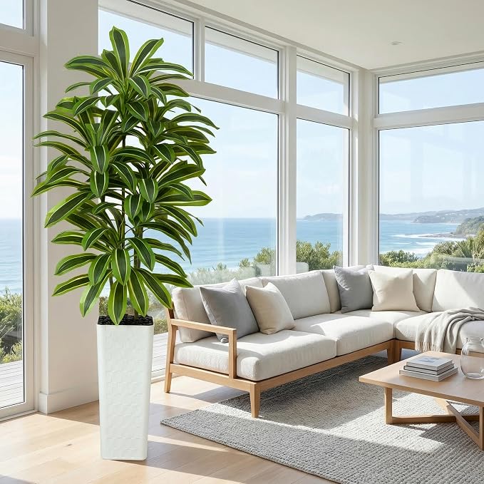 Artificial Dracaena Tree: 7FT Fake Plants Silk Faux Trees（White Pot） | - Image 9