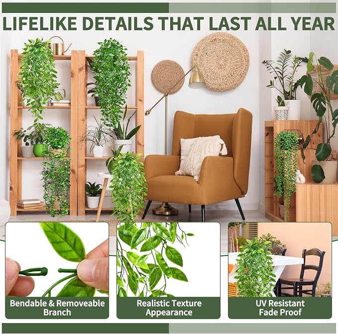 Palonu 4 Pack Faux Artificial Hanging Plants, UV Resistant Fake Potted Greenery - Image 3