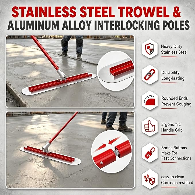 48" x 12" Thickened Stainless Steel Concrete Bull Float Tool Kit, Fresno - Image 3