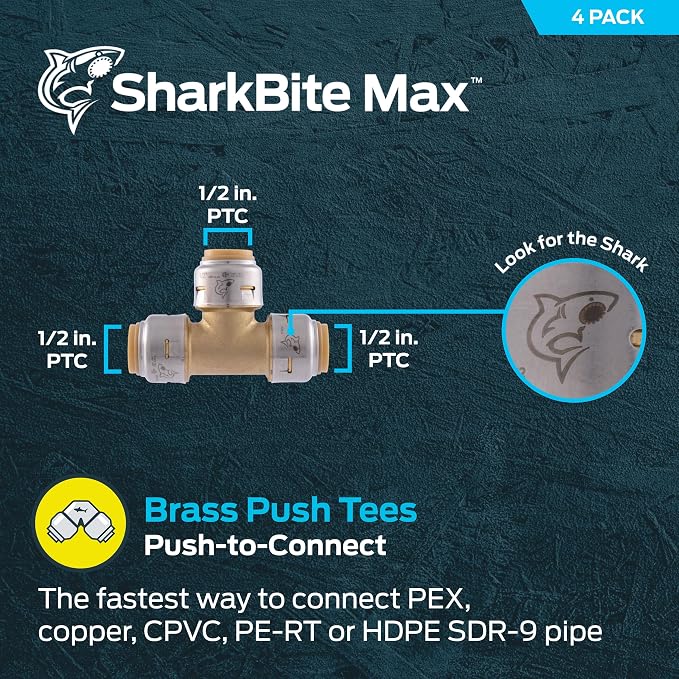 SharkBite Max 1/2 Inch Tee, Push to Connect Brass Plumbing Fitting, PEX Pipe - Image 2