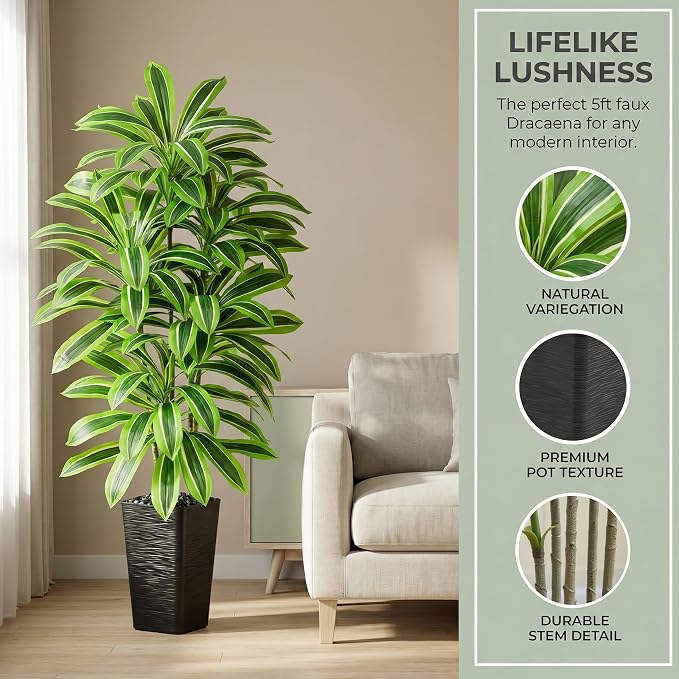 Artificial Dracaena Tree: 5FT Fake Plants Silk Faux Trees（Black Pot） | - Image 6