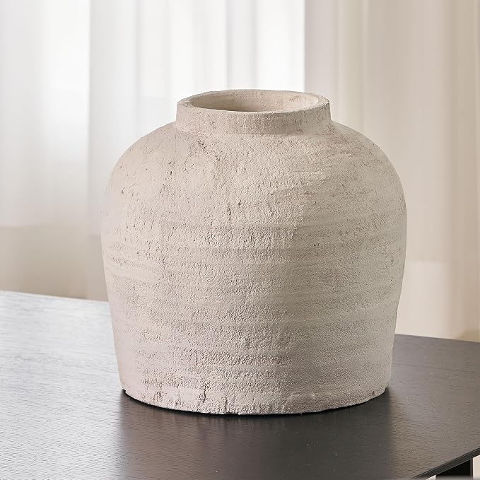 LB2 White Ceramic Large Vase, Terra Cotta Pitcher, Distressed Farmhouse Decor by LB2