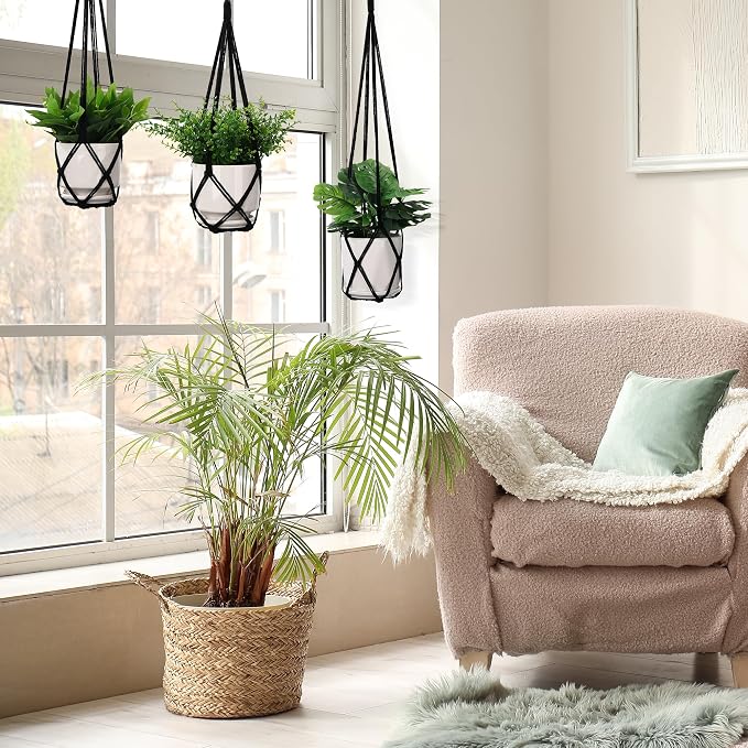 YIBOT Black Macrame Plant Hanger Indoor Hanging Planter Basket | 3 Pack Crochet - Image 8
