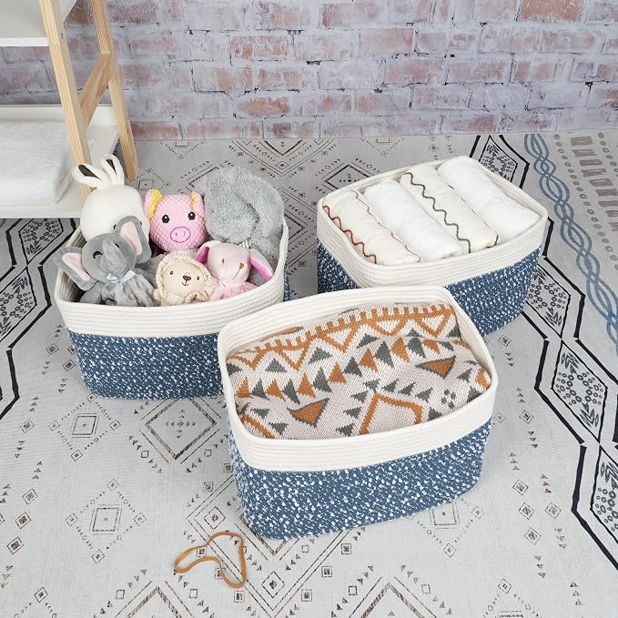 XUANGUO Woven Cotton Rope Storage Baskets 15x10x9.3" 3 Pack White and Blue | - Image 5