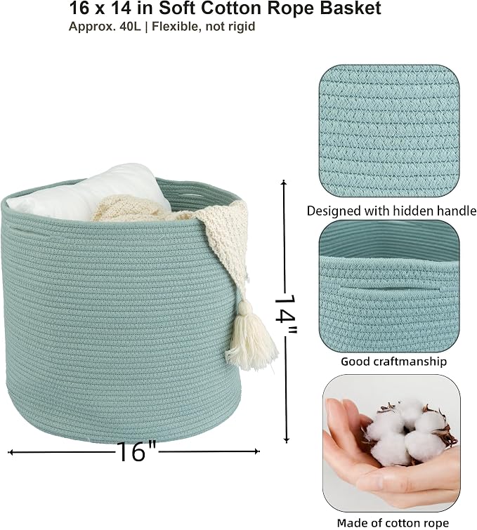 XUANGUO Cotton Rope Basket For Girls Boys Kids 16”X14” green | Baby Laundry - Image 2
