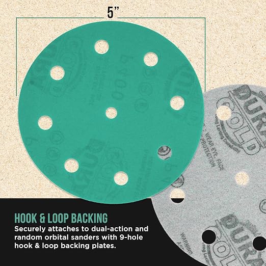 Dura-Gold Premium 400 Grit 5" Green Film Sanding Discs, 9-Hole Pattern - Image 3
