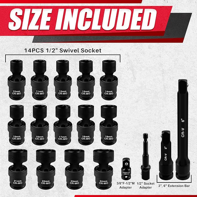 18PCS 1/2" Drive Shallow Universal Impact Socket Set, Swivel Socket Set - Image 2