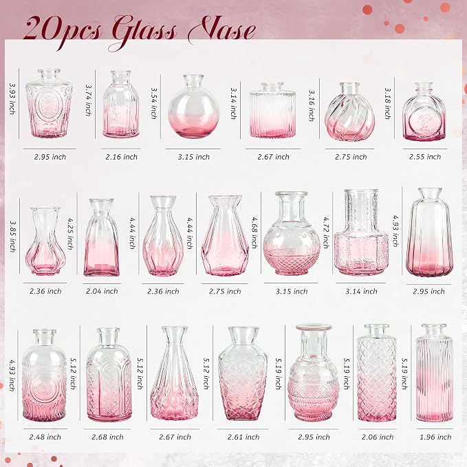 Der Rose 20pcs Glass Bud Vases, translucent glass, vintage etched patterns - Image 3