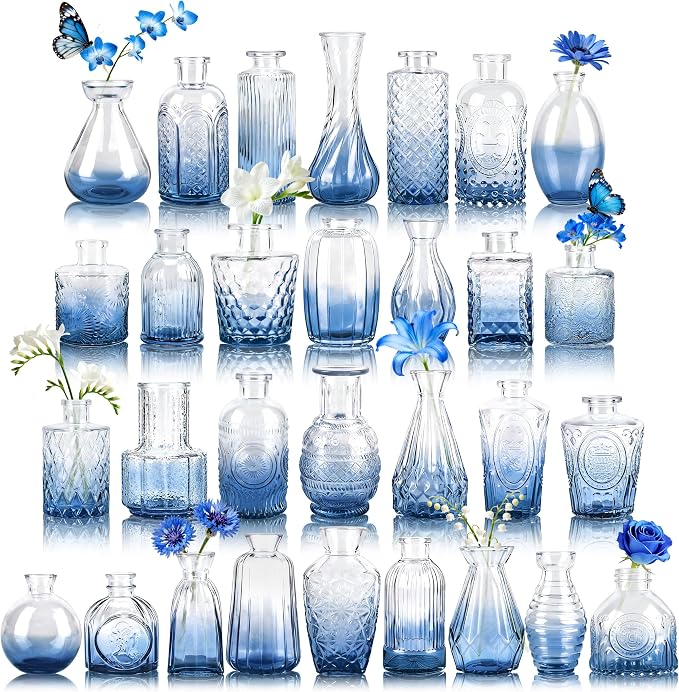 Der Rose 30pcs Glass Bud Vases, delicate embossed patterns, thick sturdy glass by DerRose