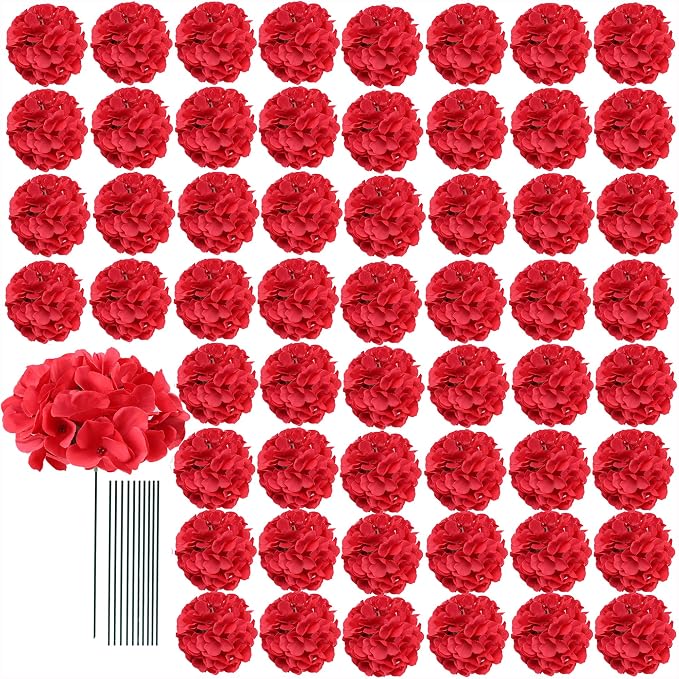 AVIVIHO Fake Flowers 65pcs Red Hydrangea Artificial Flowers Bulk Silk Flowers by Aviviho