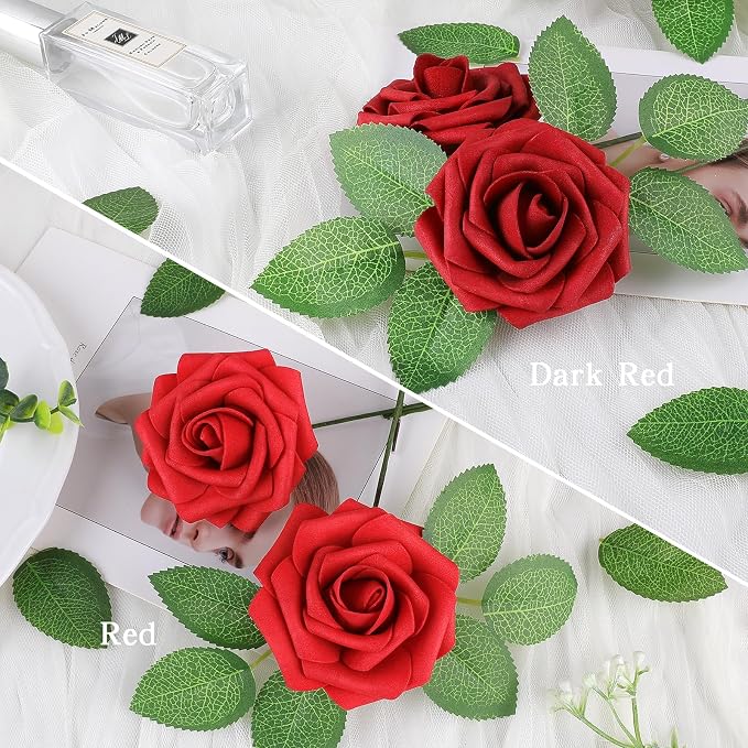 AmyHomie Red Rose 100pcs Real Looking Artificial Flowers w/Stem | Bouquet - Image 2