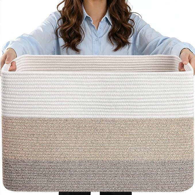 75L Laundry Basket Hamper, Gradient Brown/White, Rectangle Woven Storage Basket by Hobasket