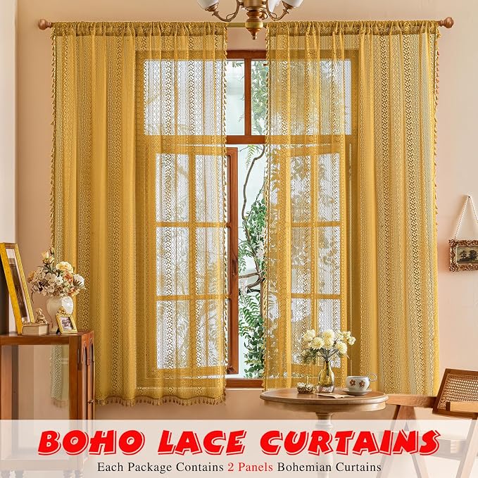 Sutuo Home Gold Lace Boho Curtains 2 Panels - Image 7