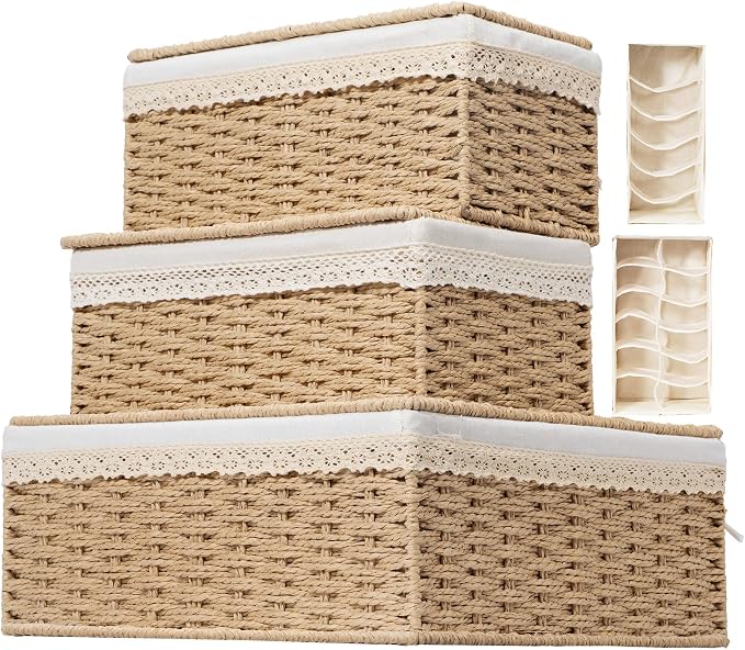 Nonam Large Basket with Lid set of 3, Rattan Divided Baskets Organizer by Home