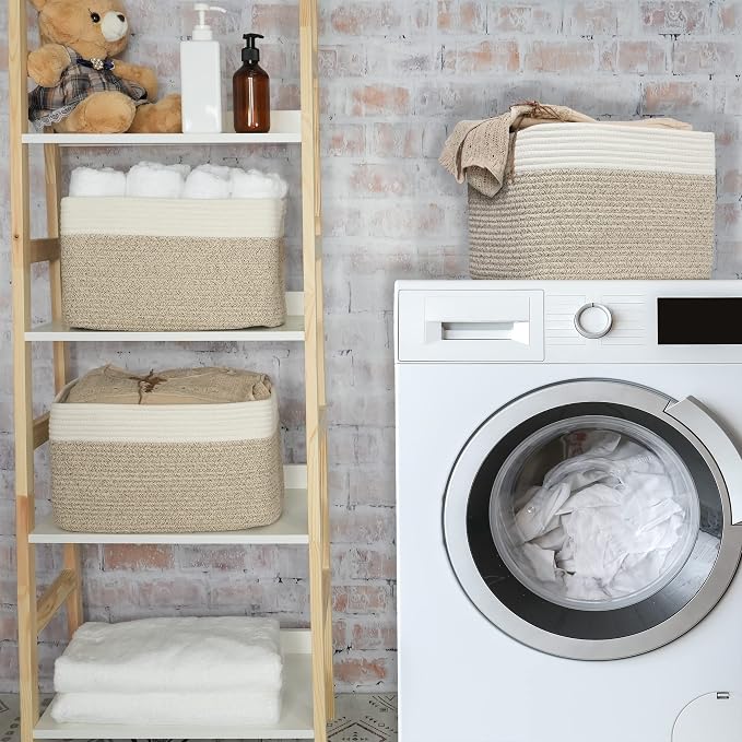 XUANGUO Woven Cotton Rope Storage Baskets 15x10x9.3" 3 Pack White and Brown | - Image 6