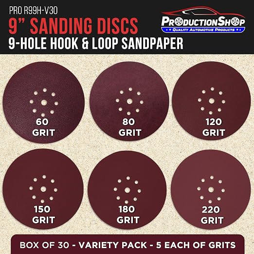 ProductionShop Premium 9" Red 9-Hole Pattern Sanding Discs, 30 Disc Variety Pack - Image 2