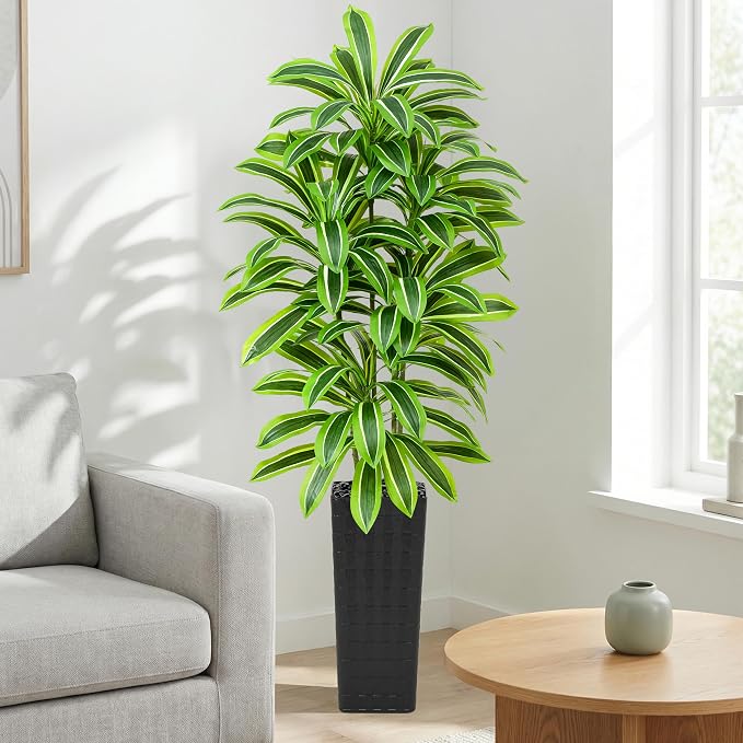 Artificial Dracaena Tree: 7FT Fake Plants Silk Faux Trees（Black Pot） | - Image 7