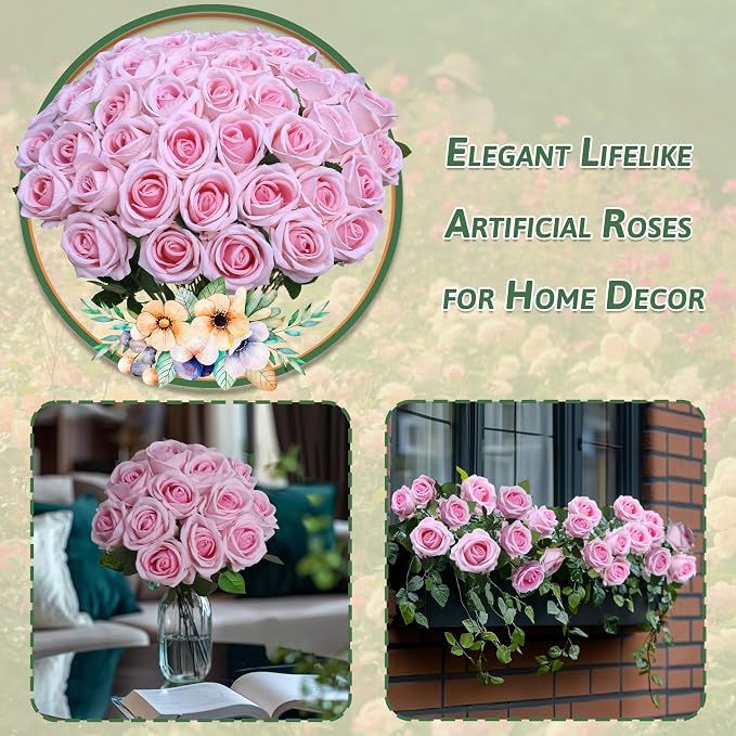 50 PCS Fake Pink Roses, Artificial Flowers Bulk, Realistic Silk Faux Roses | - Image 4