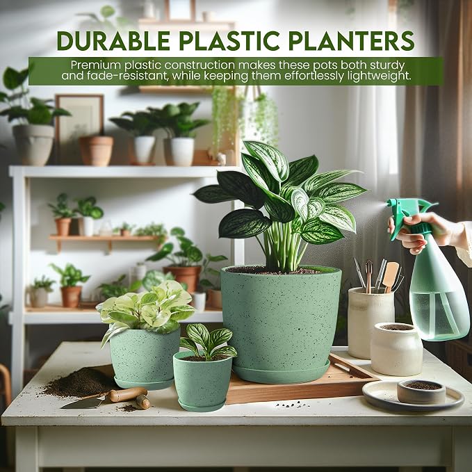 Plant Pots Indoor with Drainage 5 Pack Multi-Size Planters Set Spotty Mint | - Image 6