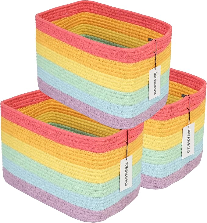 XUANGUO Woven Cotton Rope Storage Baskets 15x10x9.3" 3 Pack Rainbow | Colorful by XUANGUO