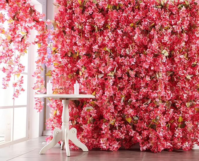 Artificial Flower Garland 2pcs 5.6ft Hydrangea Vine Decor, Dark Pink Flower | - Image 2